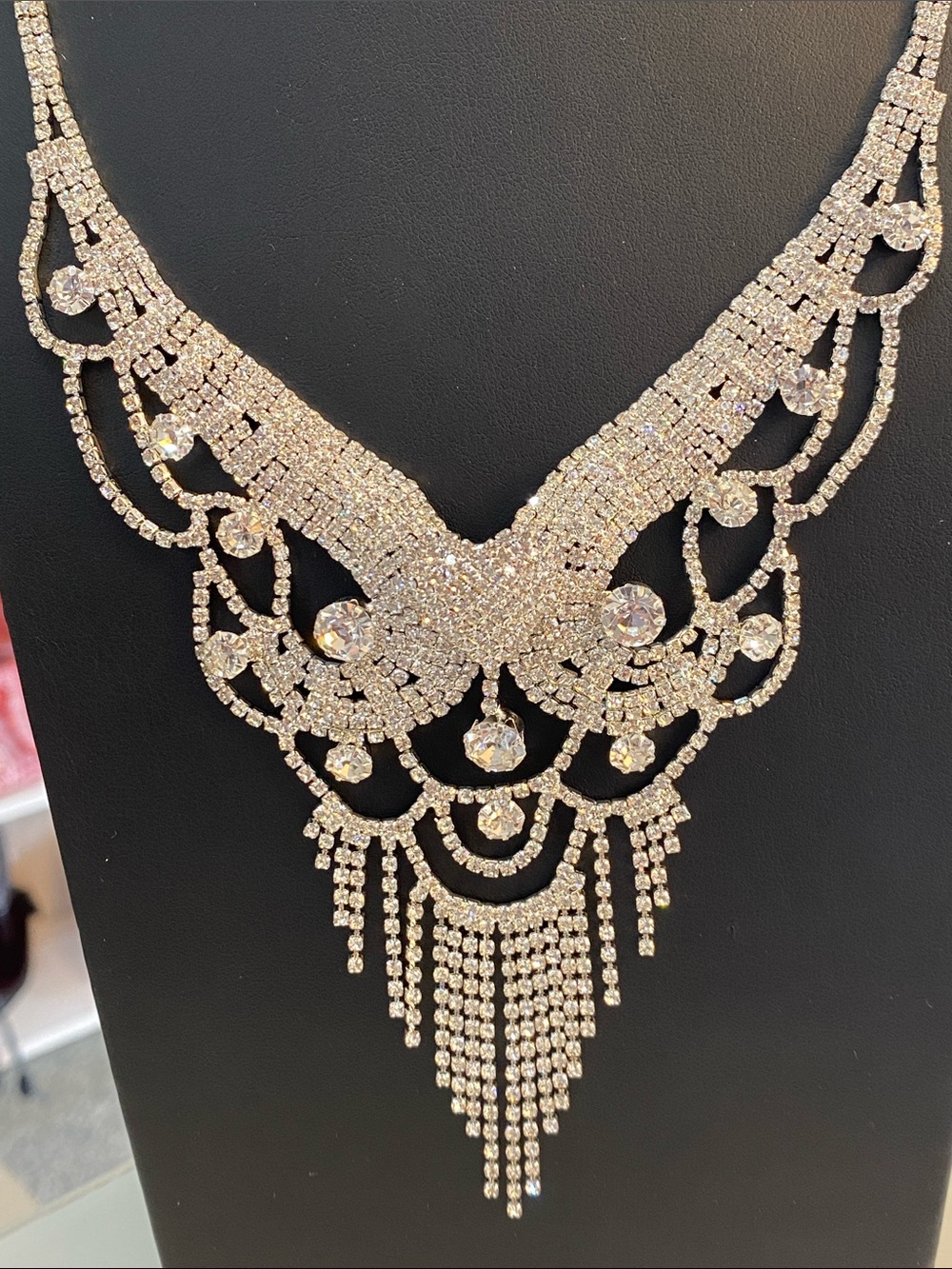 Crystal Statement Bib Necklace - Silver Tone - Picture 7 of 8